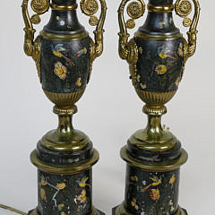 Pair of French Tole Peinte Parlour Lamps, late 19th Century