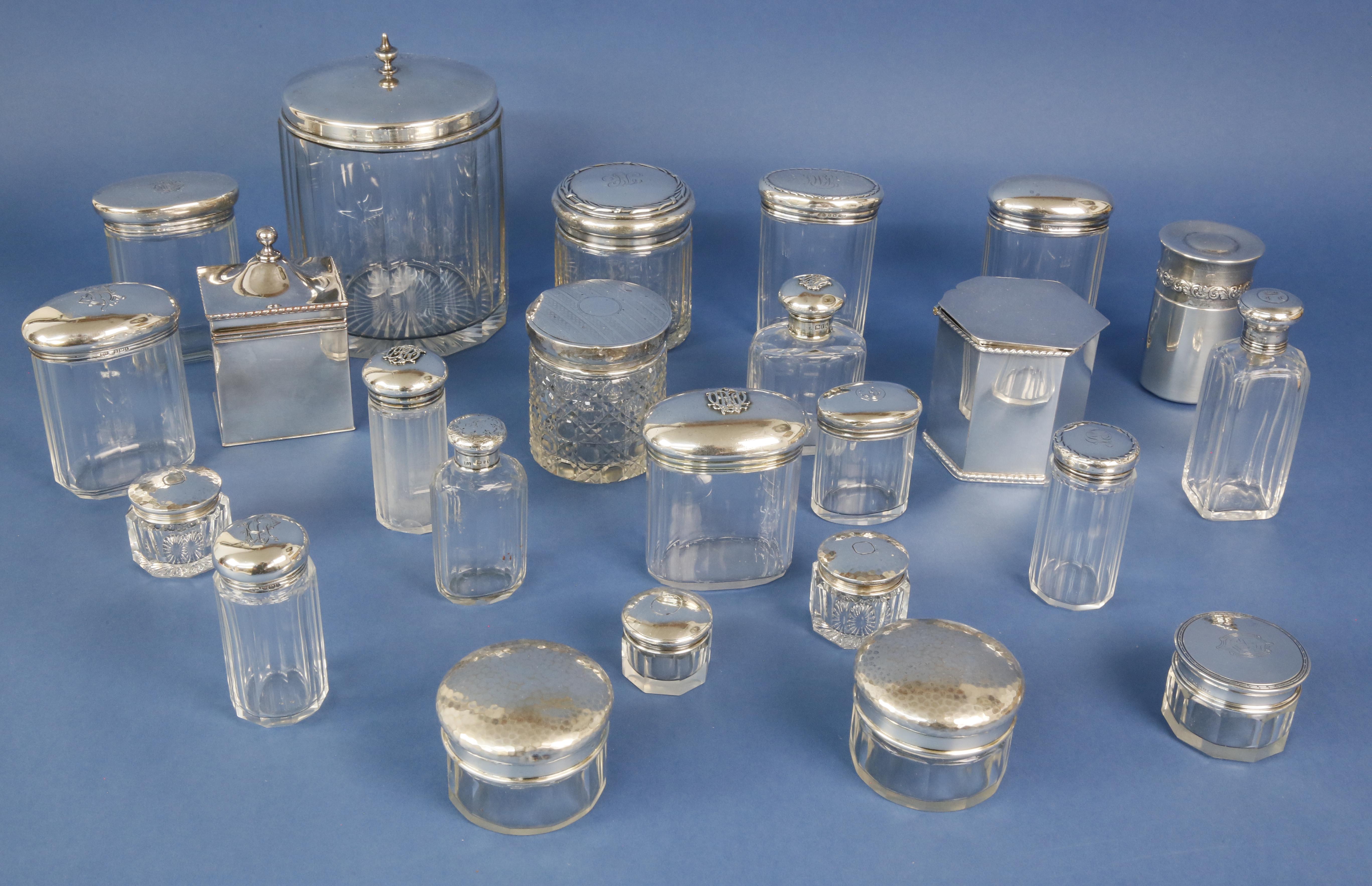 Group of 21 Crystal and Sterling Glass Vanity Jars Group of 21