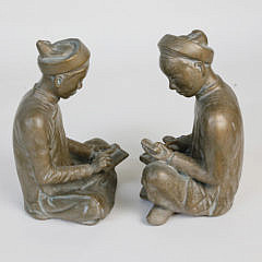 Pair of Vintage Composition Figural Bookends of Two Asian Students
