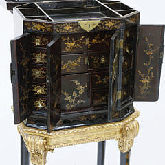 Chinese Export Gilt Decorated Black Lacquer Collector’s Cabinet on Stand, 19th Century