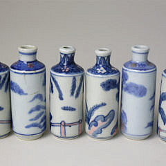 Six Chinese Underglaze Blue and Copper Red Snuff Bottles, Qianlong Marks