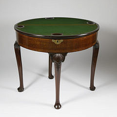 George II Triple-Top Demilune Inlaid Mahogany Games Table, 18th Century