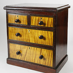 Miniature Mahogany and Tiger Maple Chest of Four Drawers, circa 1830