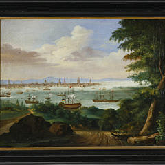 H. Wimer Oil on Canvas “European Harbor Scene”, 19th Century