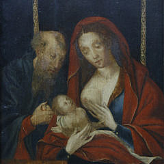 South German School Oil on Cradled Wood Panel “The Holy Family”