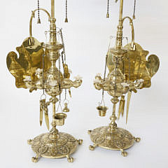 Pair of Cast and Polished Brass Lucerne Lamps, 19th Century