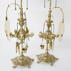 Pair of Cast and Polished Brass Lucerne Lamps, 19th Century