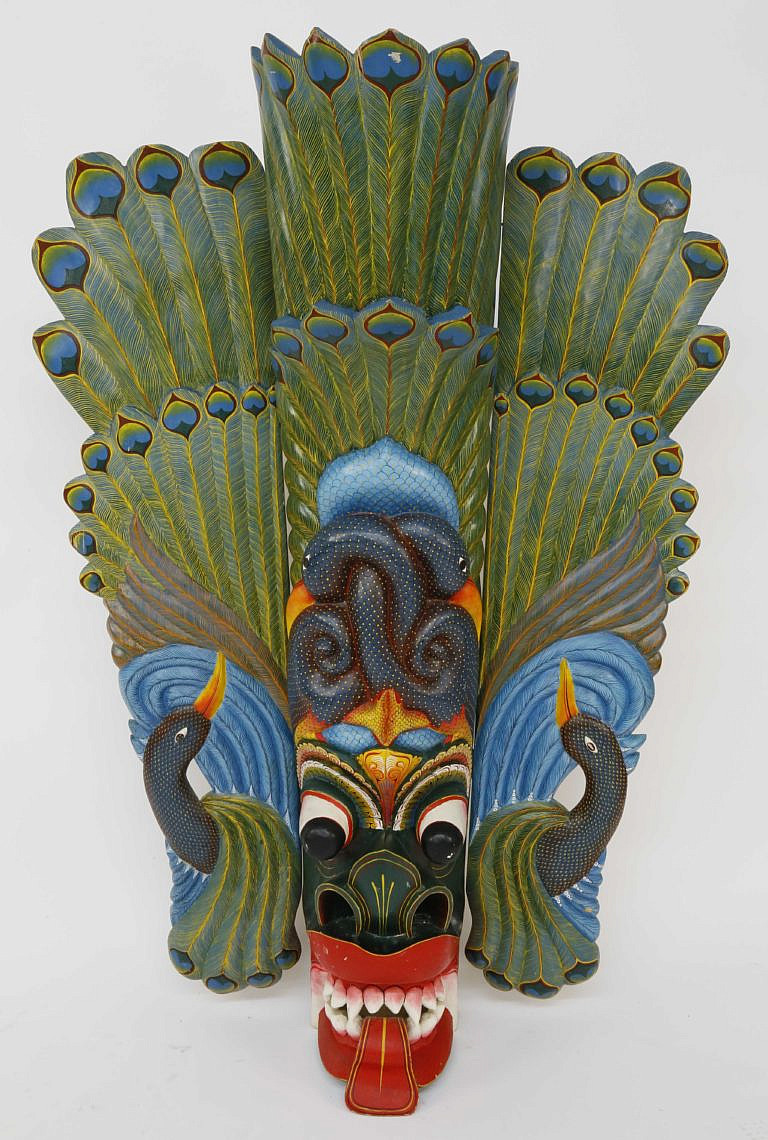 Hand Carved Wood and Decorated Dragon Peacock Design 3part Sculpture