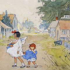 Mary Cowles Clark Mixed Media Watercolor and Charcoal Pencil on Paper “Sisters Strolling in Sconset”