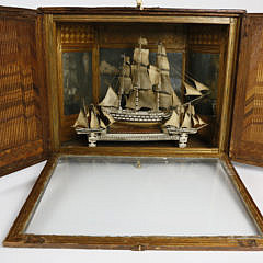 French Prisoner of War Bone Ship Model in Straw Marquetry Case, 18th Century