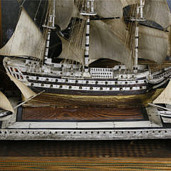 French Prisoner of War Bone Ship Model in Straw Marquetry Case, 18th Century