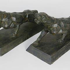 Pair of Art Deco Style Green Patinated Bronze Panther Bookends, After A. Notari