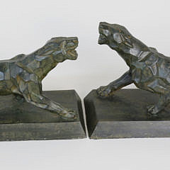 Pair of Art Deco Style Green Patinated Bronze Panther Bookends, After A. Notari