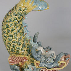 Pair of Chinese Glazed Earthenware Roof Tile Dragon Fish Ornaments, 20th Century