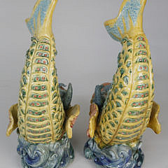 Pair of Chinese Glazed Earthenware Roof Tile Dragon Fish Ornaments, 20th Century