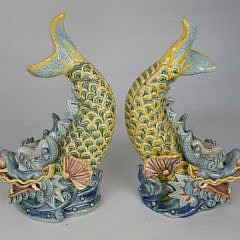 Pair of Chinese Glazed Earthenware Roof Tile Dragon Fish Ornaments, 20th Century