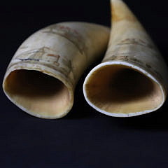 Fine Pair of American Scrimshawed and Polychromed Antique Whale Teeth, circa 1850