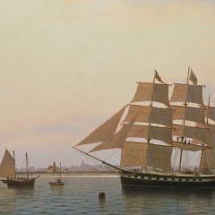 William R. Davis Oil on Canvas “Whaleship Three Brothers Arrives at Nantucket, 1854”