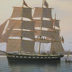 William R. Davis Oil on Canvas “Whaleship Three Brothers Arrives at Nantucket, 1854”