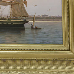 William R. Davis Oil on Canvas “Whaleship Three Brothers Arrives at Nantucket, 1854”