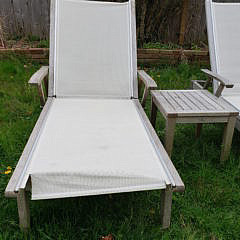 Pair of Gloster Teak Chaise Lounges and Side Tables