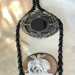 Two Antique Cameo Brooches and Black Bead Necklace