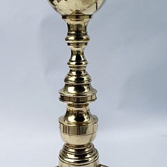 Pair of Boston Brass Ball and Finial Top Andirons, early 19th Century