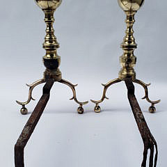 Pair of Boston Brass Ball and Finial Top Andirons, early 19th Century