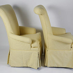 Pair of Yellow and White Ticking Upholstered High Back Skirted Wing Chairs