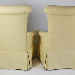 Pair of Yellow and White Ticking Upholstered High Back Skirted Wing Chairs