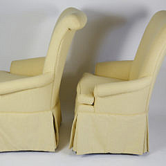 Pair of Yellow and White Ticking Upholstered High Back Skirted Wing Chairs