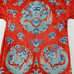 Fine Antique Late Qing Dynasty Chinese Red Silk Embroidered Dragon Robe, late 19th Century