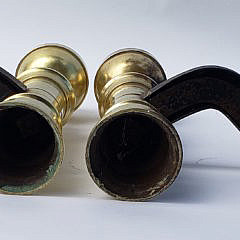 Pair of Boston Brass Ball Top Lighthouse Form Andirons, early 19th century