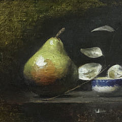 David A. Leffel Oil on Artist Board “Still Life with Green Pear and Bowl”