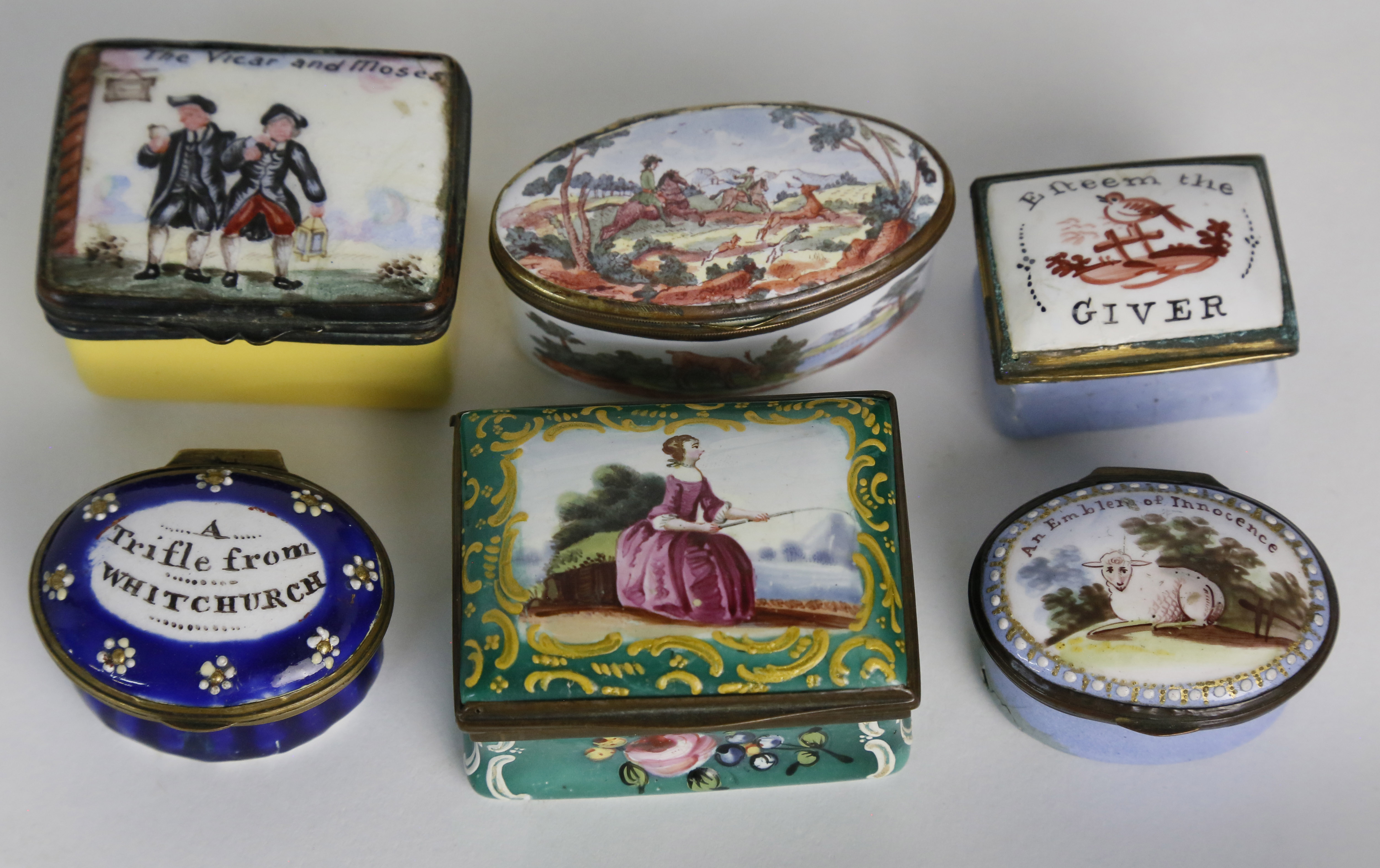 Group of Six Battersea Bilston Enamel Boxes c. 17801860 Group of Six