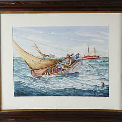 John Hutchinson Watercolor on Paper “Trolling for Bluefish Near the Cross Rip”