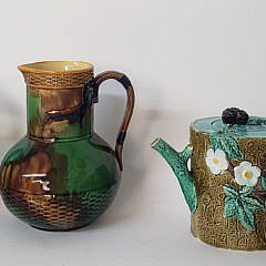 Four Antique Majolica Pitchers and Covered Tea Pot