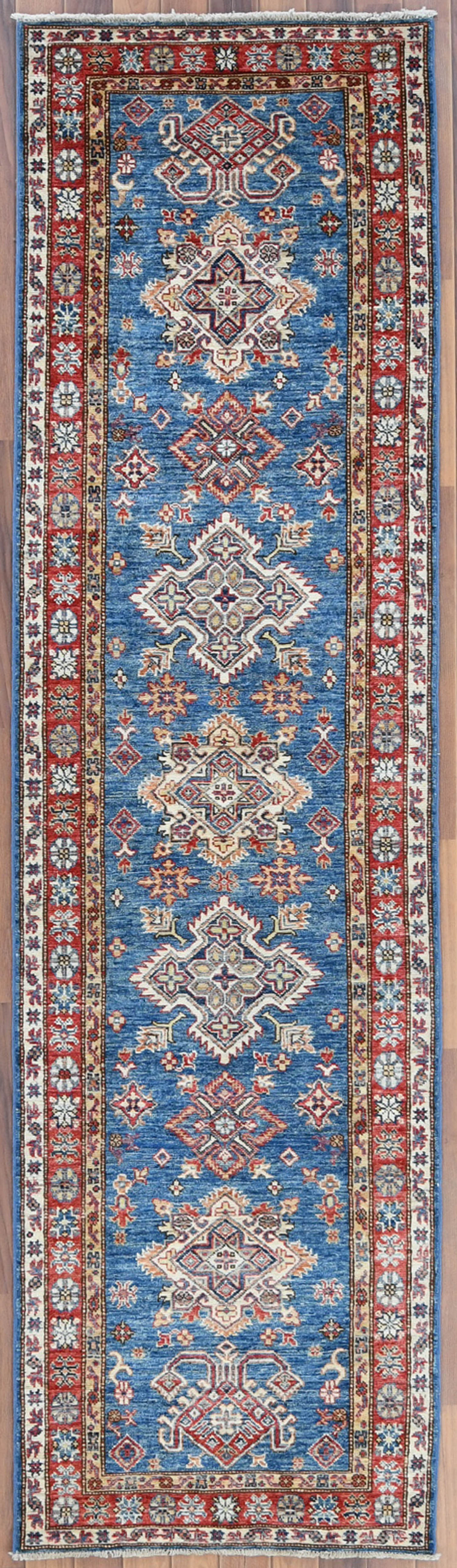 Hand Knotted Blue Afghan Wool Kazak Runner Oriental Carpet Hand