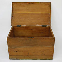 1930s Pine Hinge Top Trunk with Applied Iron Carrying Handles