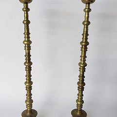 Pair of Heroic Vintage Brass Multi Turned Floor Standing Candlesticks