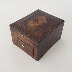 19th Century Burlwood Inlaid Playing Card and Game Storage Box