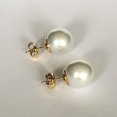 Fine Pair of 13mm White South Sea Pearl Earrings, 14k Gold