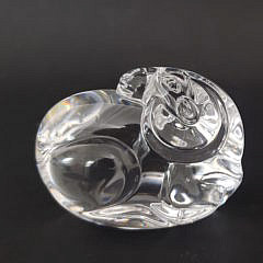 Vintage Signed Steuben Clear Crystal Figural Ram Hand Cooler Paperweight