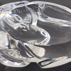 Vintage Signed Steuben Clear Crystal Figural Ram Hand Cooler Paperweight
