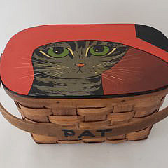 Vintage Maggie Meredith Nantucket Hand Painted Cat in a Hat Woven Picnic Basket