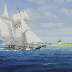 William Lowe Oil on Canvas “Top Sail Schooner Departing Under Full Sail Nantucket”