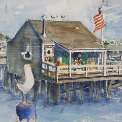 Barbara Kauffmann-Locke Watercolor on Paper “Nantucket Wharf Cottage”