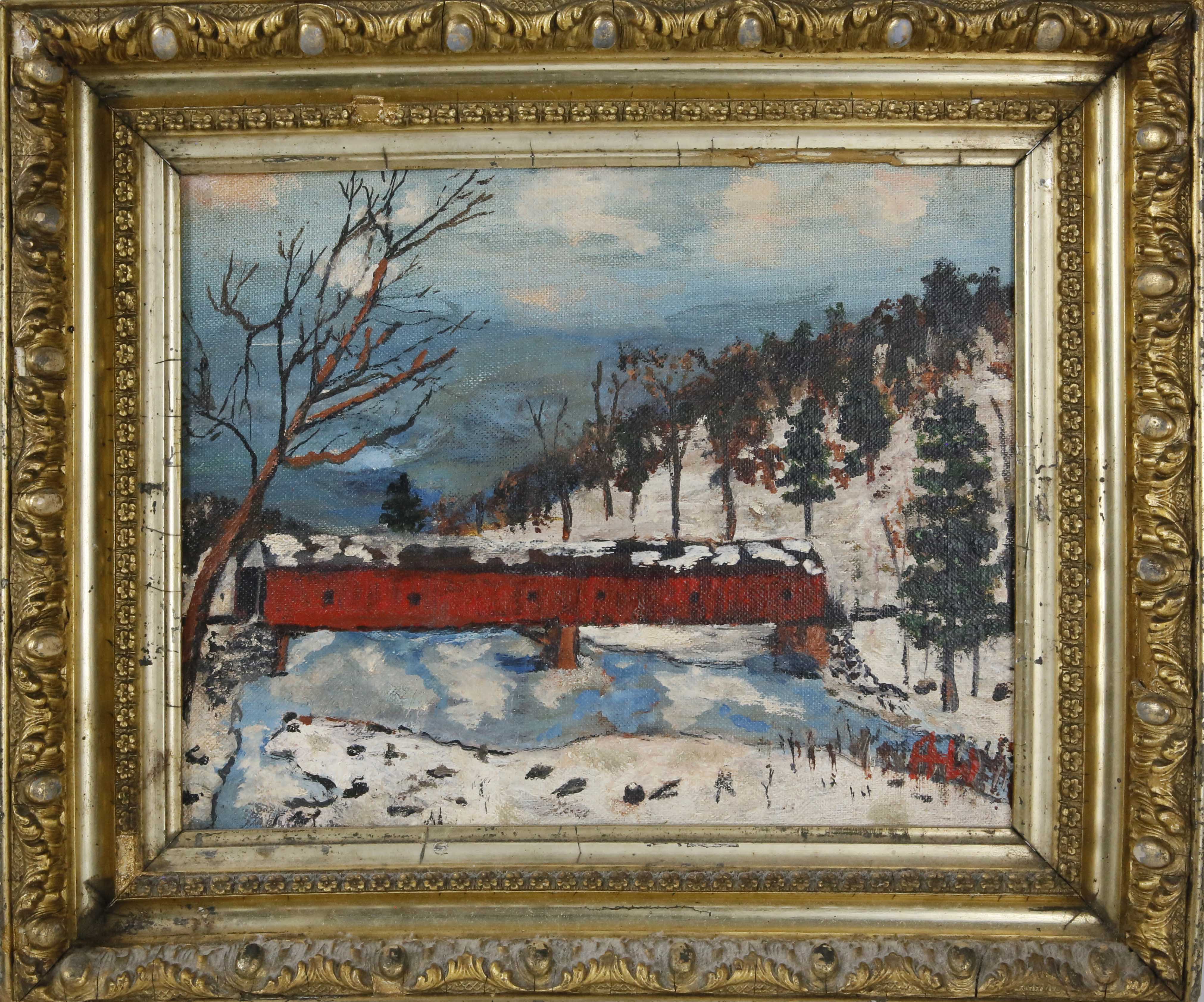 Annabell Williams Oil on Canvasboard "Covered Bridge Lexington MA" 1935