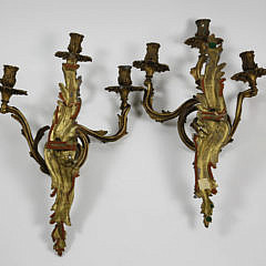 Pair of French Bronze Three-Light Ormolu Sconces