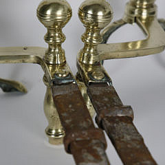 Pair of Boston Brass Ball Top Andirons, early 19th Century